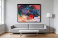 Textured abstract oil painting with deep green, purple, and blue layered colors