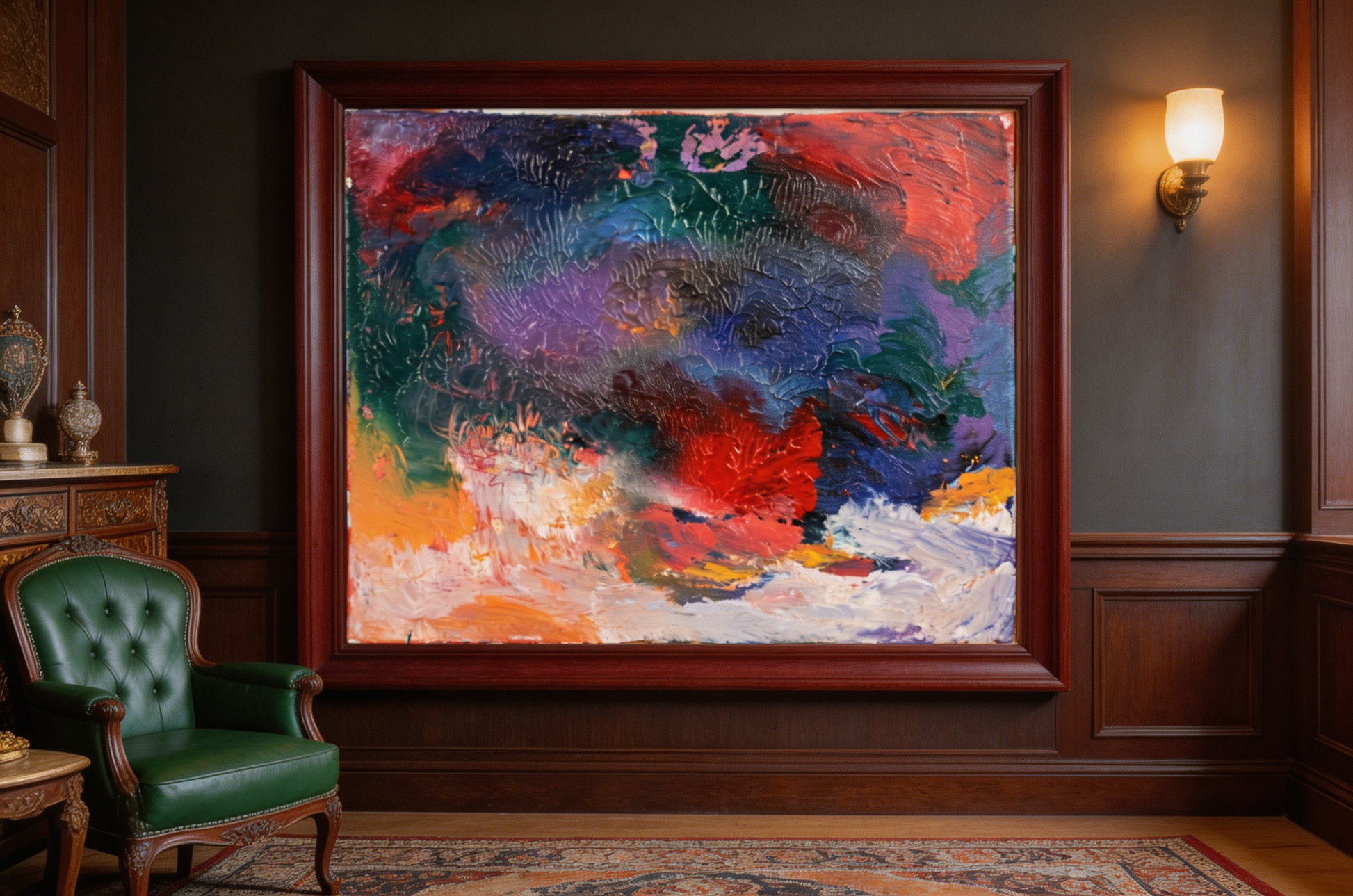 Textured abstract oil painting with deep green, purple, and blue layered colors