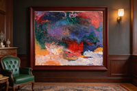 Textured abstract oil painting with deep green, purple, and blue layered colors