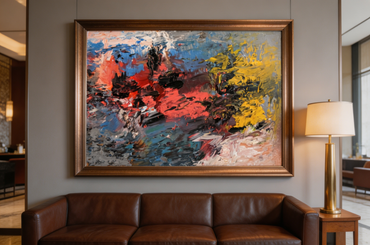 Expressive abstract oil painting with bold red, blue, and yellow brushstrokes