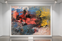 Expressive abstract oil painting with bold red, blue, and yellow brushstrokes