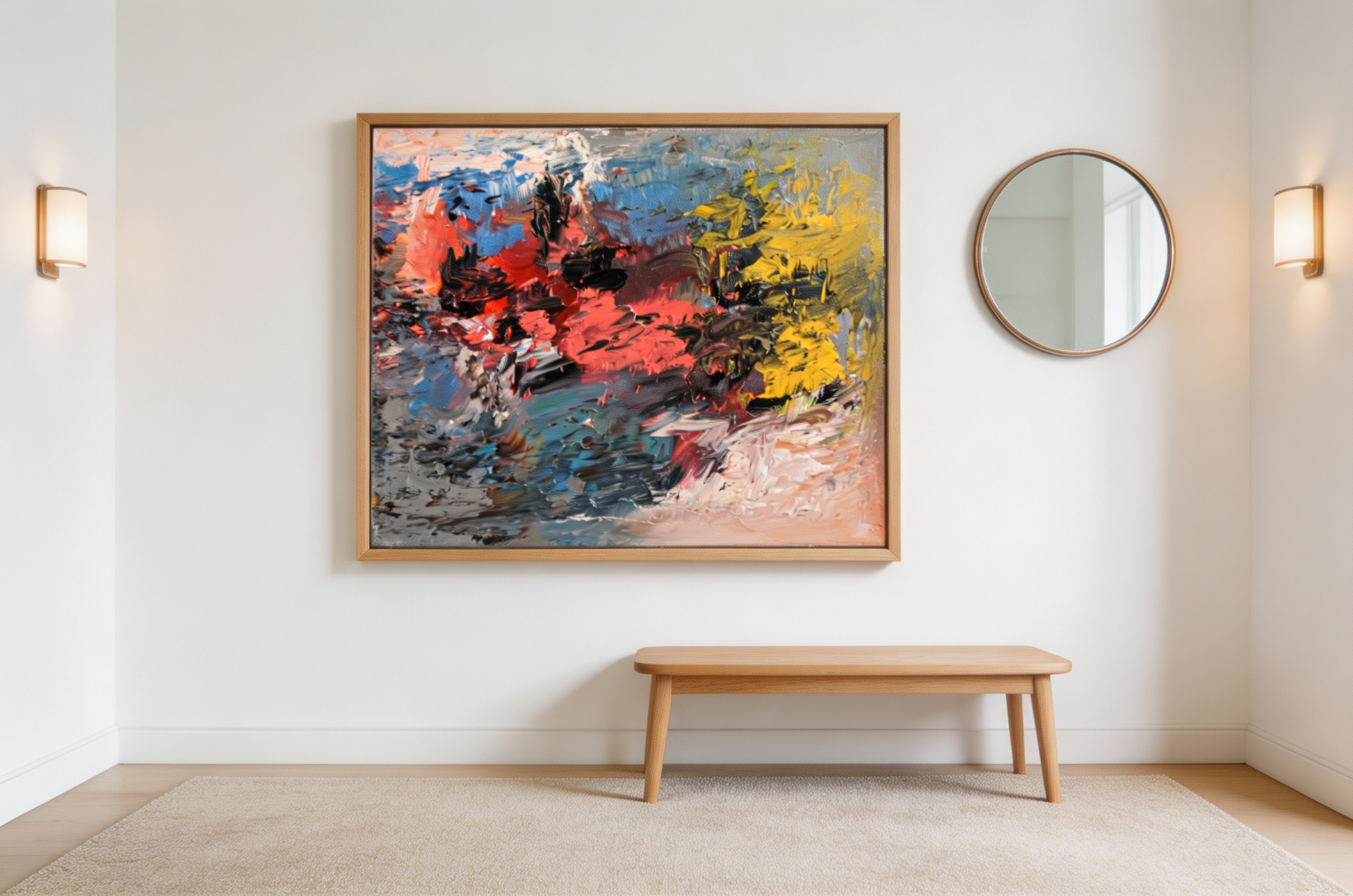 Expressive abstract oil painting with bold red, blue, and yellow brushstrokes