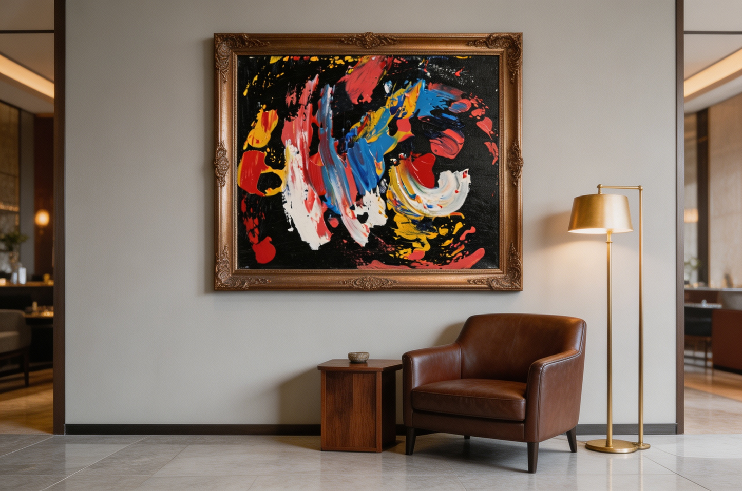 Dramatic abstract oil painting with swirling colors on black background