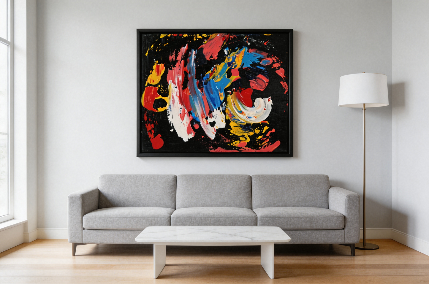 Dramatic abstract oil painting with swirling colors on black background