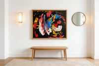 Dramatic abstract oil painting with swirling colors on black background