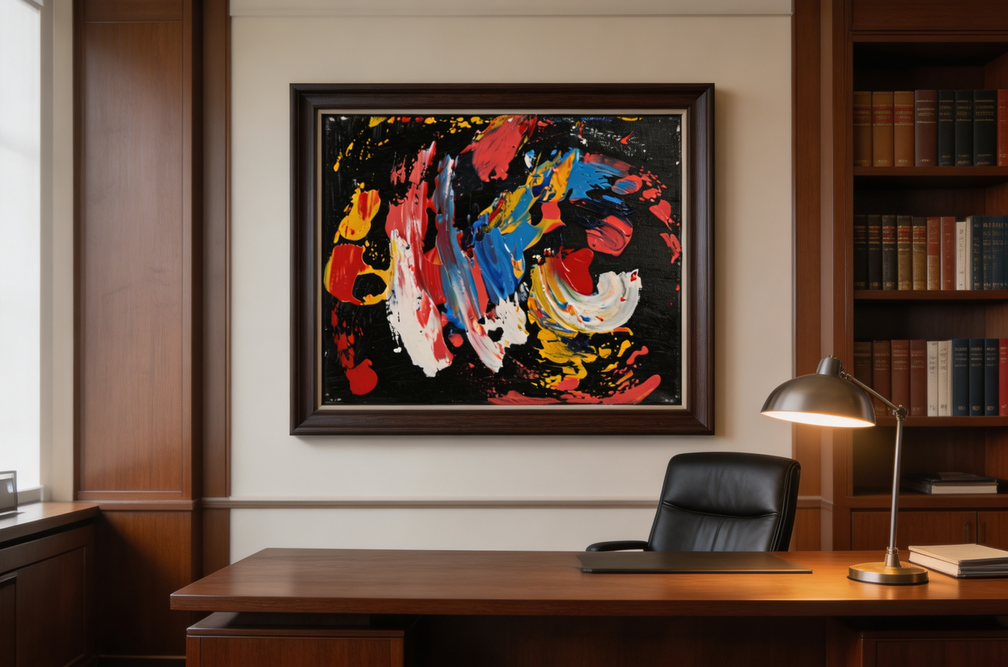 Dramatic abstract oil painting with swirling colors on black background