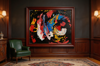 Dramatic abstract oil painting with swirling colors on black background