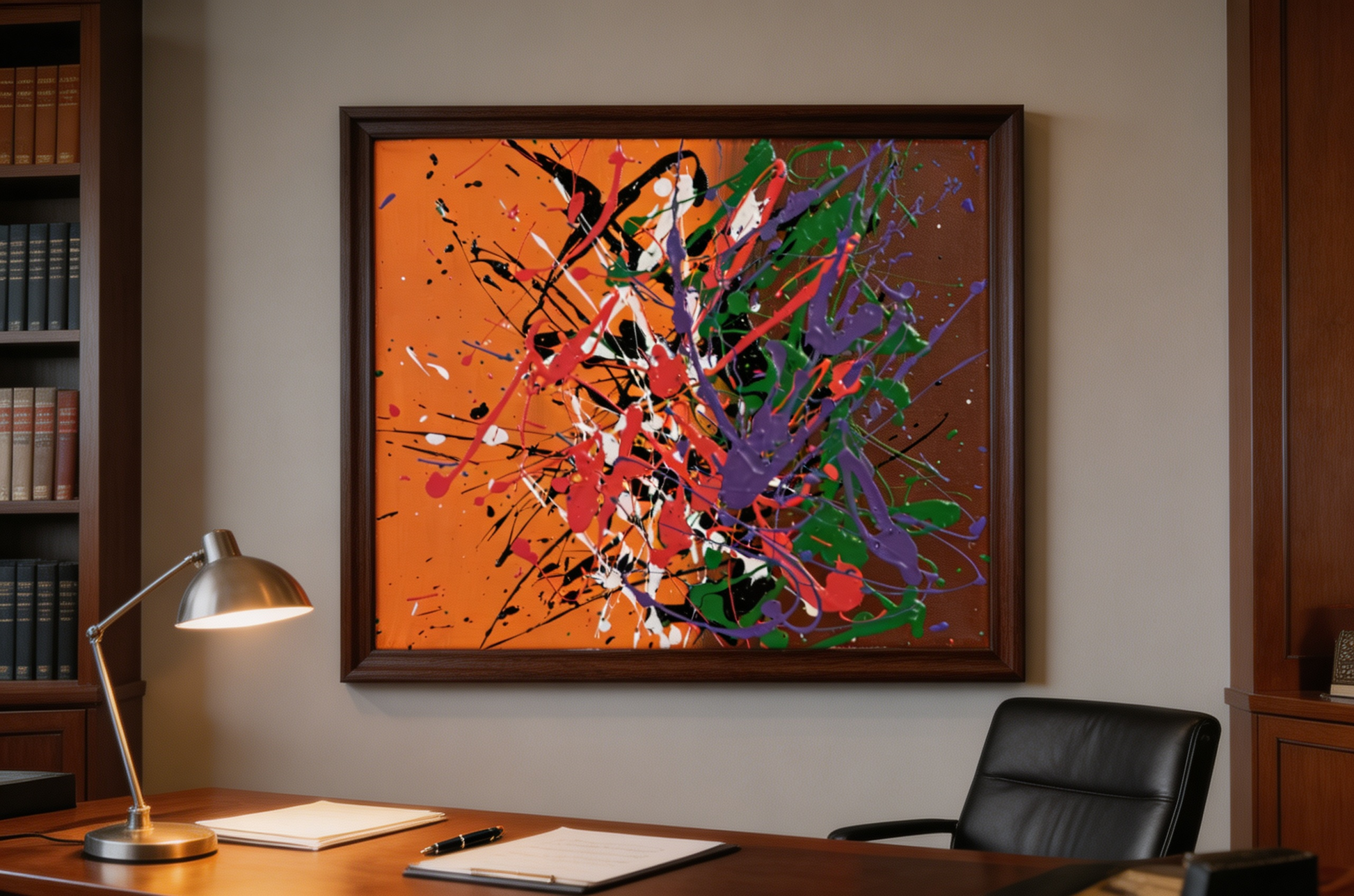Energetic abstract oil painting with splashed colors on orange background