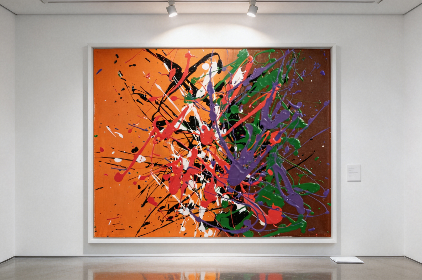 Energetic abstract oil painting with splashed colors on orange background