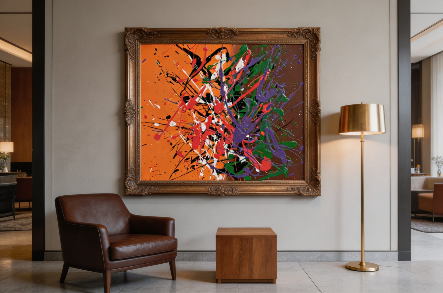 Energetic abstract oil painting with splashed colors on orange background