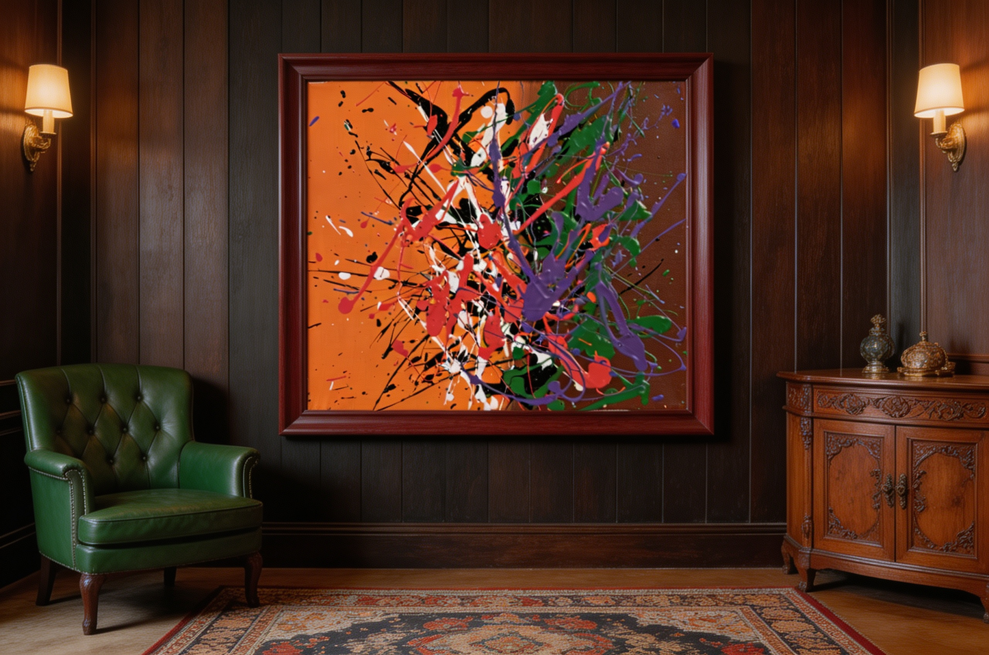 Energetic abstract oil painting with splashed colors on orange background