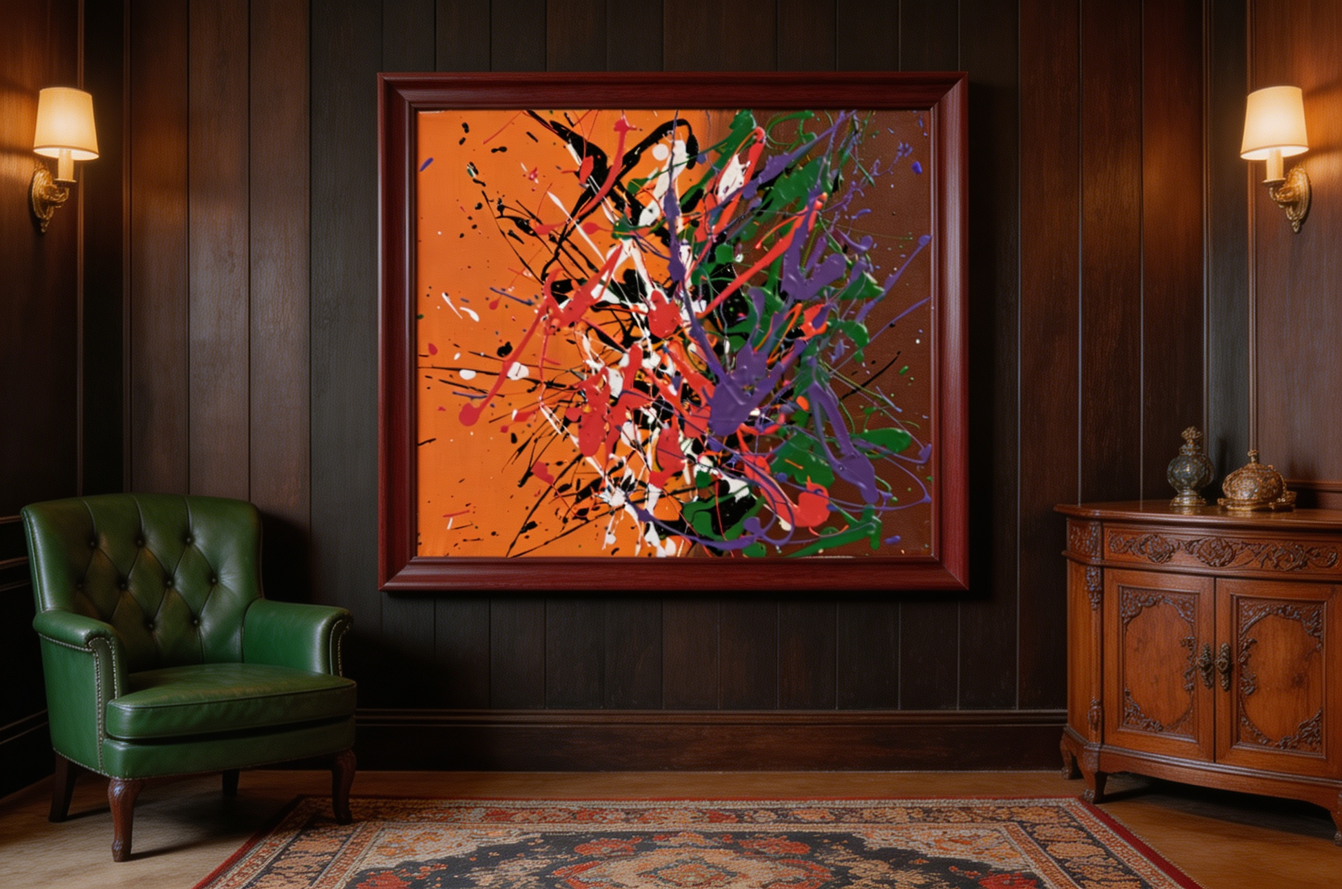Energetic abstract oil painting with splashed colors on orange background