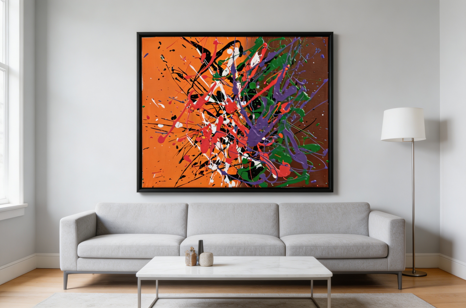 Energetic abstract oil painting with splashed colors on orange background
